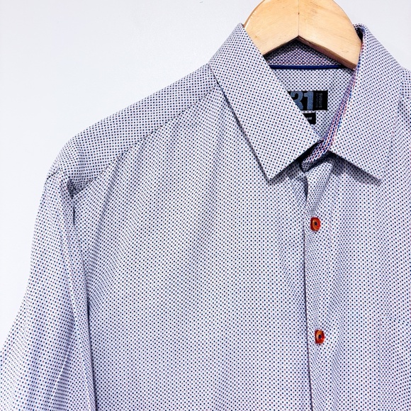 SIMONS Navy and red polka dot semi-fitted button down shirt - Picture 3 of 7